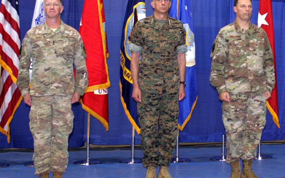 Maj. Gen. Marcus Hicks, left, relinquishes command of U.S. Special Operations Command Africa Friday, June 28, 2019, to Brig. Gen. Dag Anderson. Gen. Thomas Waldhauser, center, officiated the ceremony at Africa Command headquarters in Stuttgart.