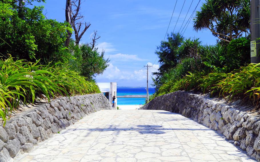 The view from the main street, looking toward the beach and port at Minnajima, Okinawa.