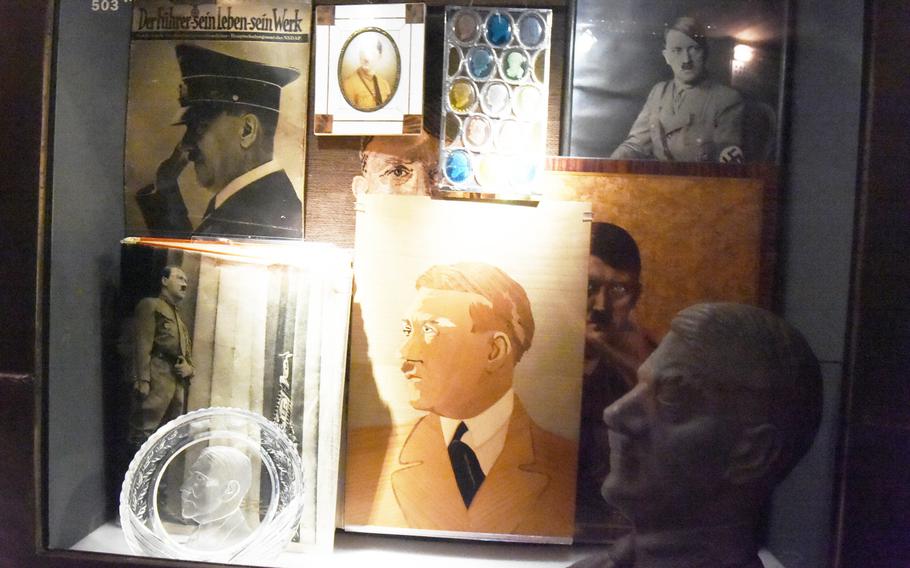 An exhibit inside the museum of the Documentation Center Nazi Party Rallying Grounds, showcasing the "Cult of Hitler" in Nuremberg, Germany.