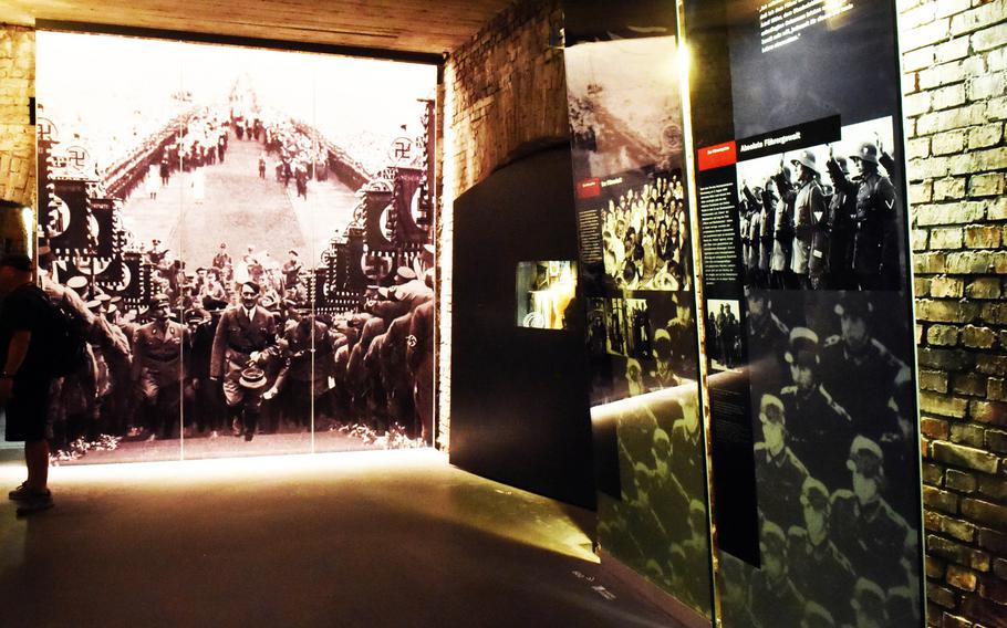 An exhibit inside the museum of the Documentation Center Nazi Party Rallying Grounds, showing the Nazi Rallies in Nuremberg, Germany.