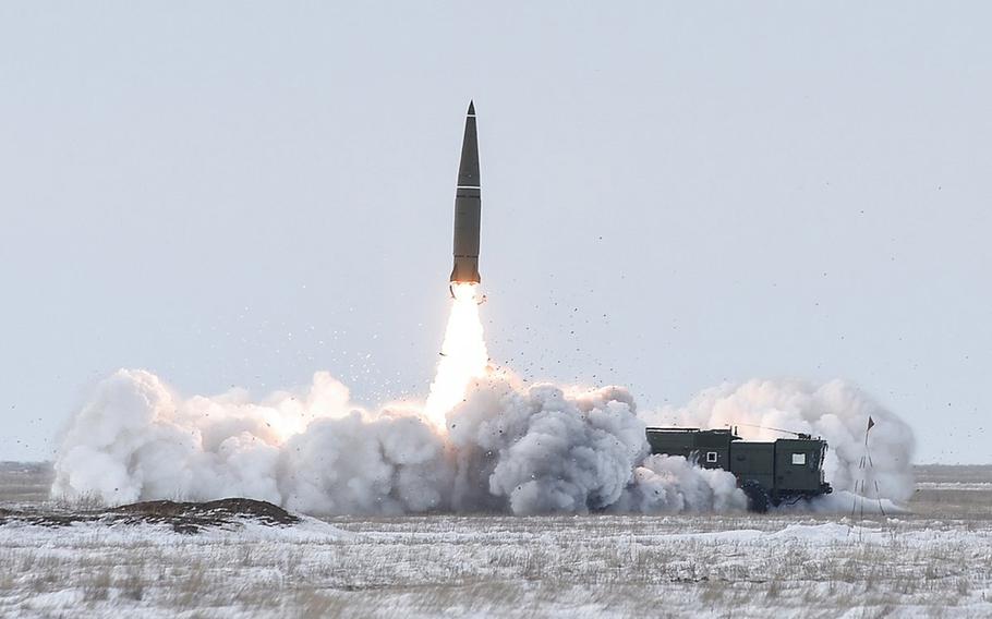 The Russian military tests launch an Iskander-M ballistic missile at the Kapustin Yar complex in March 2018. More than 8,000 Russian troops, including Iskander crews, were placed on alert Monday, Aug. 26, 2019, as military drills kicked off around the Black Sea.