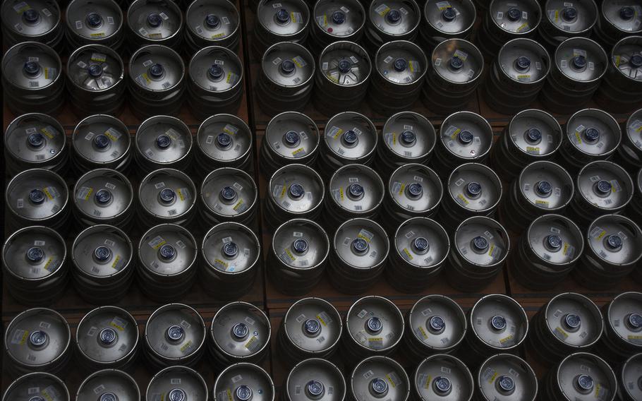 Kegs of Orion beer are prepared for delivery at Orion Happy Park in Nago, Okinawa, Aug. 14, 2019.