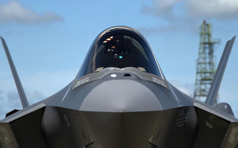 Capt. Russell Lee, 421st Fighter Squadron, taxis his F-35A Lightning II aircraft from Hill Air Force Base, Utah, on the flight line at Spangdahlem Air Base, Germany, in June 2019.