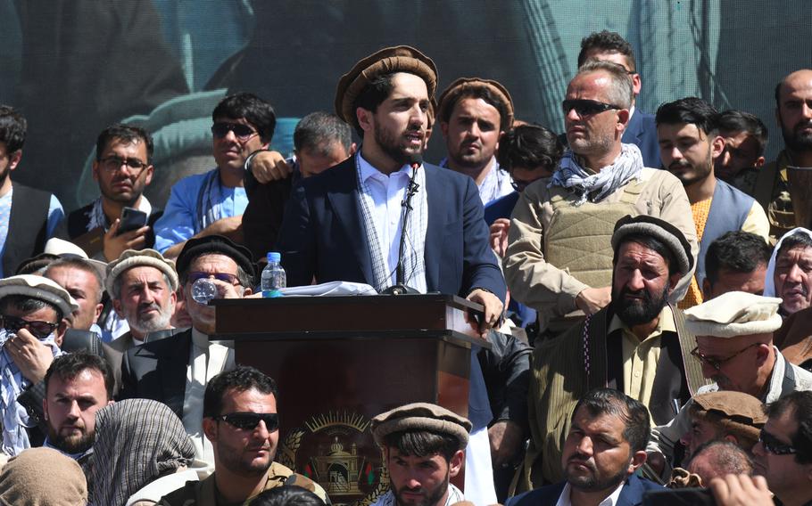 Ahmad Massoud, son of slain anti-Taliban commander Ahmad Shah Massoud, speaks to a crowd in Panjshir, Afghanistan, on Thursday, Sept. 5, 2019, when he launched a political movement to counter the Taliban.