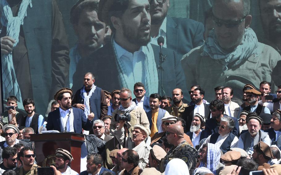 Ahmad Massoud, son of slain anti-Taliban commander Ahmad Shah Massoud, speaks to a crowd in Panjshir, Afghanistan, on Thursday, Sept. 5, 2019, when he launched a political movement to counter the Taliban.