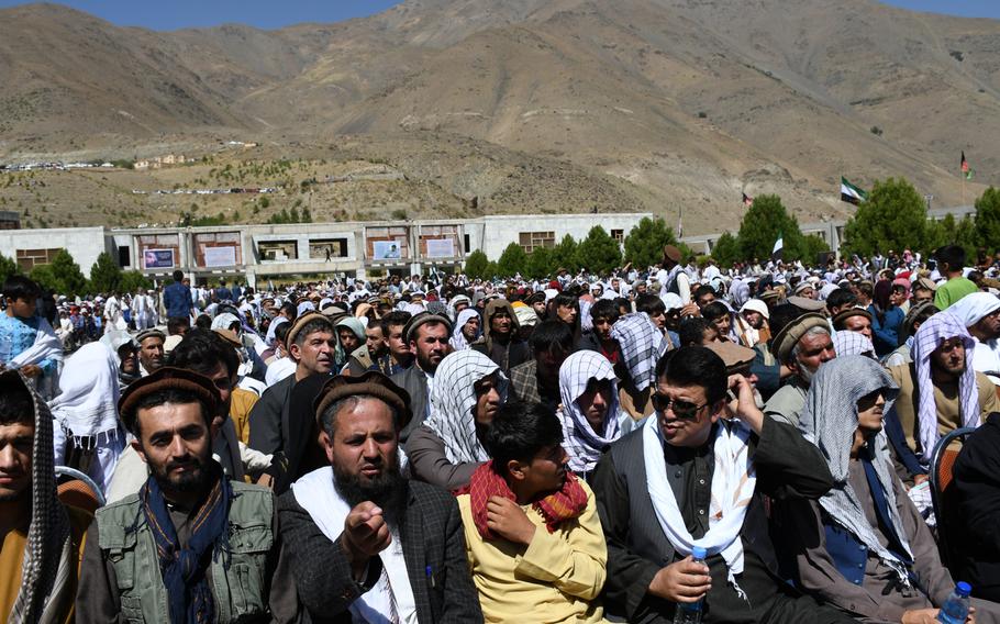 Supporters listen to Ahmad Massoud, son of slain Northern Alliance leader Ahmad Shah Massoud, launch a new anti-Taliban movement in Panjshir, Afghanistan, on Thursday, Sept. 5, 2019.