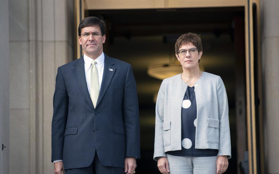 U.S. Defense Secretary Mark T. Esper hosts German Defense Minister Annegret Kramp-Karrenbauer at the Pentagon, Washington, D.C., Sept. 23, 2019. During talks with Kramp-Karrenbauer, Esper urged Germany to invest more in defense.