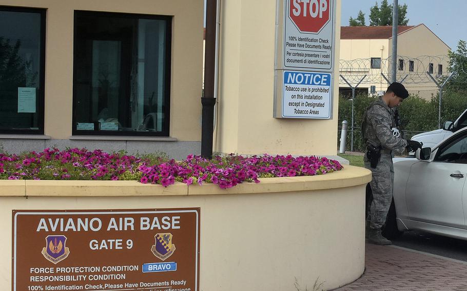 An airman with the 31st Fighter Wing, Aviano Air Base, Italy, conducts base access control and security duty at the air base's main gate. A demolition crew working on Aviano Air Base caused last week?s 15-hour power outage when they accidentally cut through a powerline, officials said Tuesday, Sept. 23, 2019.