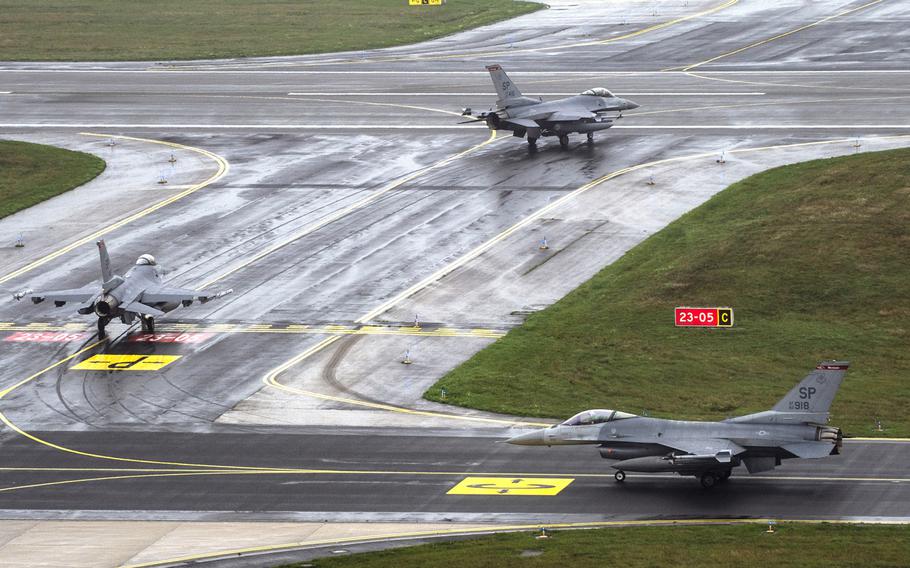 U.S. Air Force F-16 Fighting Falcons, assigned to the 480th Fighter Squadron, taxi on the flightline at Spangdahlem Air Base, Germany, Oct. 1, 2019. Flying operations at Spangdahlem were briefly halted after the crash of an F-16 on Tuesday, Oct. 8, 2019, but are expected to resume next week, .