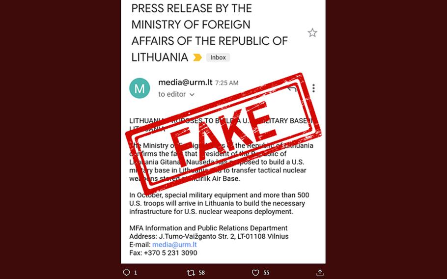 Lithuania says a press release in circulation claiming the United States is setting up a military base and storing nuclear weapons in Lithuania is a hoax.