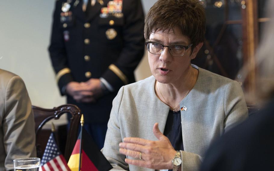 German Defense Minister Annegret Kramp-Karrenbauer during a meeting with U.S. Defense Secretary Mark Esper at the Pentagon in Washington on Sept. 23, 2019. Kramp-Karrenbauer said Europe needs to coordinate with Russia to establish a security zone in northern Syria.