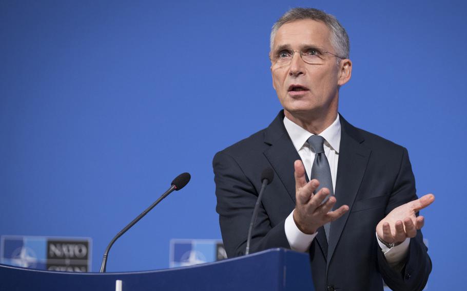 NATO Secretary-General Jens Stoltenberg speaks at a press conference, Wednesday, Oct. 23, 2019, ahead of Thursday's meetings of NATO defense ministers in Brussels, Belgium.