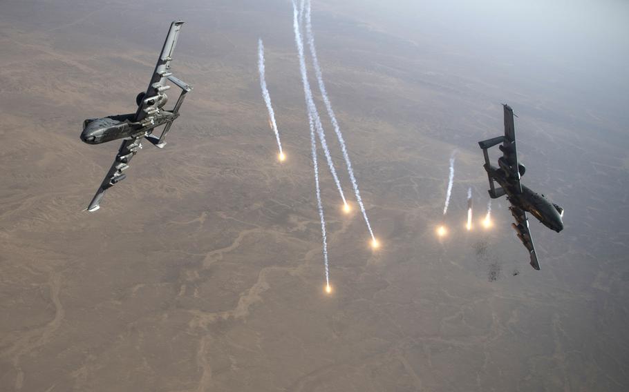 A pair of U.S. A-10 Thunderbolt II aircraft conduct a combat air patrol mission over an undisclosed location in Southwest Asia, Sept. 21, 2019.