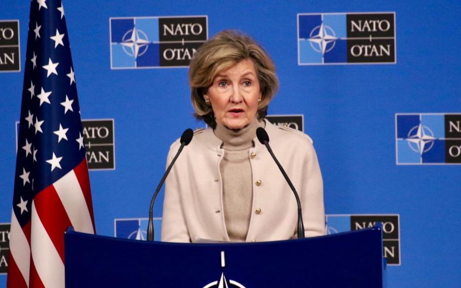 U.S. NATO Ambassador Kay Bailey Hutchison in a press conference at NATO headquarters in Brussels, Belgium, on Nov. 19, 2019, blasted comments by French President Emmanuel Macron that the 70-year-old alliance is ?experiencing brain death.?