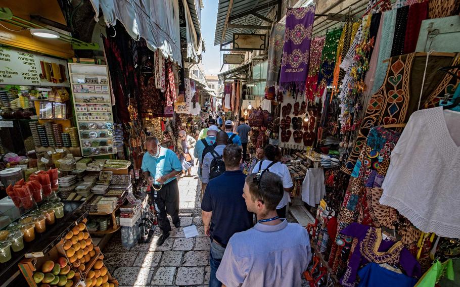 U.S. Navy sailors take a guided tour through Jerusalem's Old City as part of a Morale, Welfare and Recreation tour in June 2018. Security concerns have led U.S. European Command to issue travel restrictions in Israel's West Bank, which includes the Old City.
