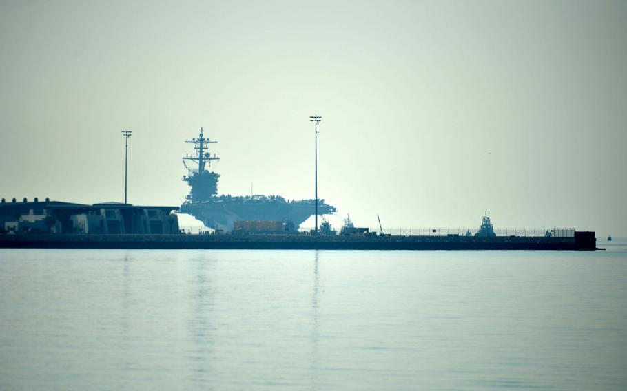The USS Abraham Lincoln arrives at Khalifa Bin Salman in Hidd, Bahrain, for a liberty port visit on Nov. 26, 2019. Lincoln and crew first transited the Strait of Hormuz into the Persian Gulf on Nov. 19 after operating in the Arabian Sea since May.