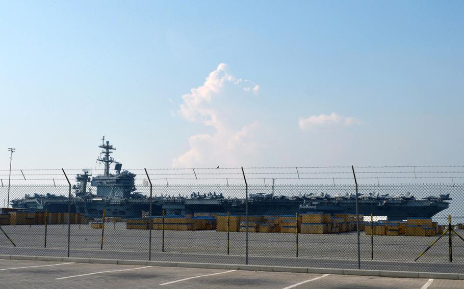 The USS Abraham Lincoln arrives at Khalifa Bin Salman in Hidd, Bahrain, for a liberty port visit on Nov. 26, 2019. Lincoln and crew first transited the Strait of Hormuz into the Persian Gulf on Nov. 19 after operating in the Arabian Sea since May.