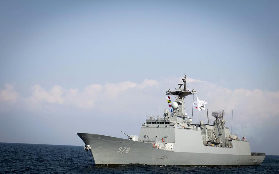 South Korean guided-missile destroyer Wang Geon steams east of the Korean peninsula during exercise Foal Eagle in March 2017.