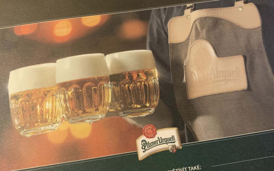 The menu in Na Spilce, the restaurant in the Pilsner Urquell brewery's old fermentation room, in Pilsen, Czech Republic, is available in English, German and Czech.
