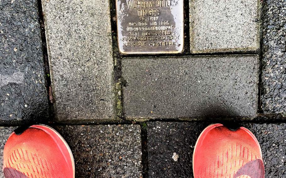 The Stolperstein on Laendelstrasse in Kaiserslautern, Germany, for Wilhelm Otto Dinges, who was conscripted into Nazi Germany's forced labor program when he was 17 and out of work. Dinges died at the age of 21 in the Buchenwald concentration camp. 