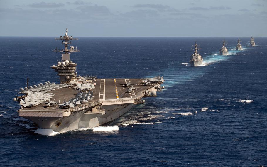 The Theodore Roosevelt Carrier Strike Group transits the Pacific Ocean in formation Jan. 25, 2020. Global military spending increased by the largest amount in a decade last year, according to a new report that shows the U.S. and China leading the way.