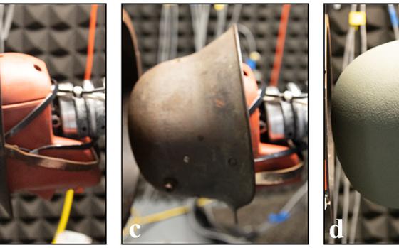 Helmets tested by researchers at Duke Universitys Pratt, from left: British Brodie helmet, French Adrian helmet, German Stahlhelm, U.S. Advanced Combat Helmet, no helmet. The tests showed that while all the helmets offered significant protection to the head against overhead blasts, the Adrian performed better than the other three.
