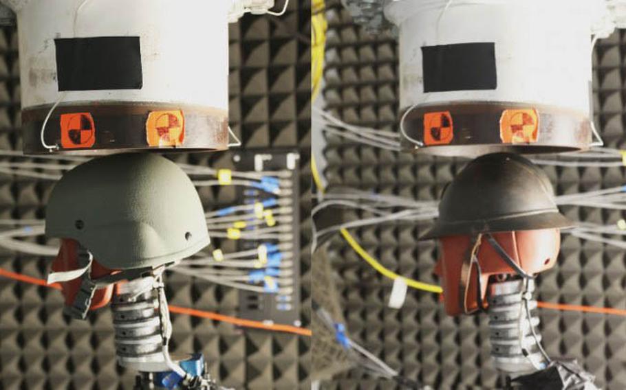 High-speed video records high-intensity blast tests on on a current U.S. Army helmet, left, and French Adrian helmet, the results of which were released in a recent Duke University study. The report found that the French World War I helmet outperformed the modern helmet in providing protection against head injury from overhead blasts.
