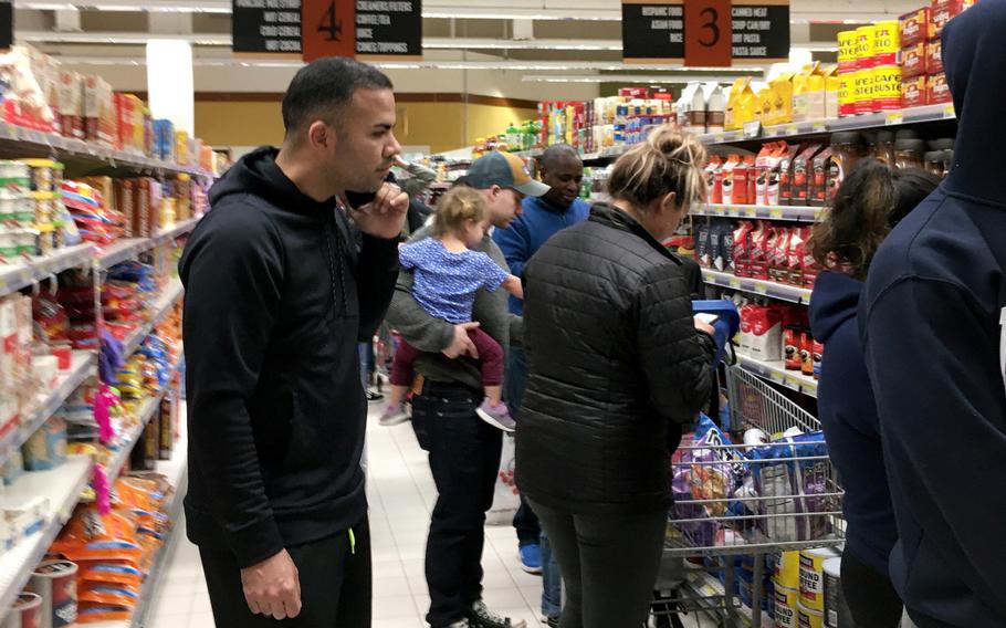 Vicenza commissary shoppers stock up Sunday, Feb. 23, 2020 amid uncertainty about the coronovirus' spread in Italy. The virus has already led officials to close base schools, child care centers, gyms and theaters.