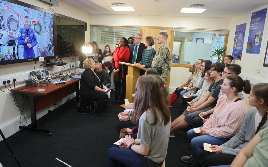 Twenty-three students are gathered to ask NASA astronaut and Army Col. Andrew Morgan questions while on a live feed with the International Space Station at RAF Alconbury Middle/High School on Thursday, Feb 27, 2020.