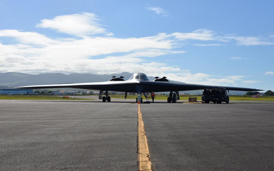 A U.S. Air Force B-2 Spirit Bomber waits to complete a hot pit refueling mission at Lajes Field, Azores, Portugal, in September 2019. A B-2 bomber task force landed March 9, 2020 at Lajes Field at the start of a series of operations in Europe, the military said.