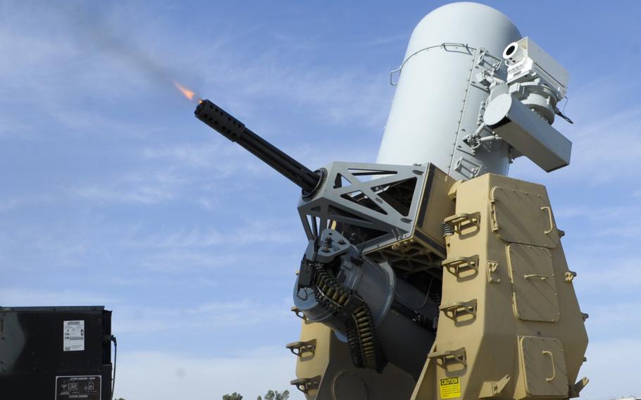 A counter-rocket, -artillery and -mortar weapon is fired as part of a scheduled system check at Bagram Airfield, Afghanistan, in 2016. U.S. and Afghan officials said defense systems intercepted three mortars fired at Bagram Airfield on March 21, 2020, There were no injuries or damage to the base, military officials said.