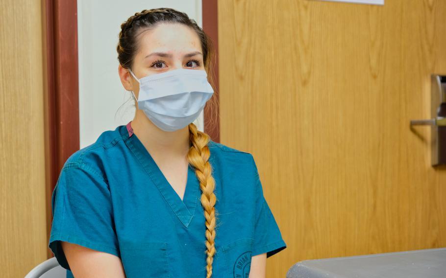Pfc. Victoria Tolley, an Eighth Army soldier who tested positive for the coronavirus in late March, speaks to Stars and Stripes inside the isolation facility at Camp Humphreys, South Korea, Thursday, May 7, 2020.
