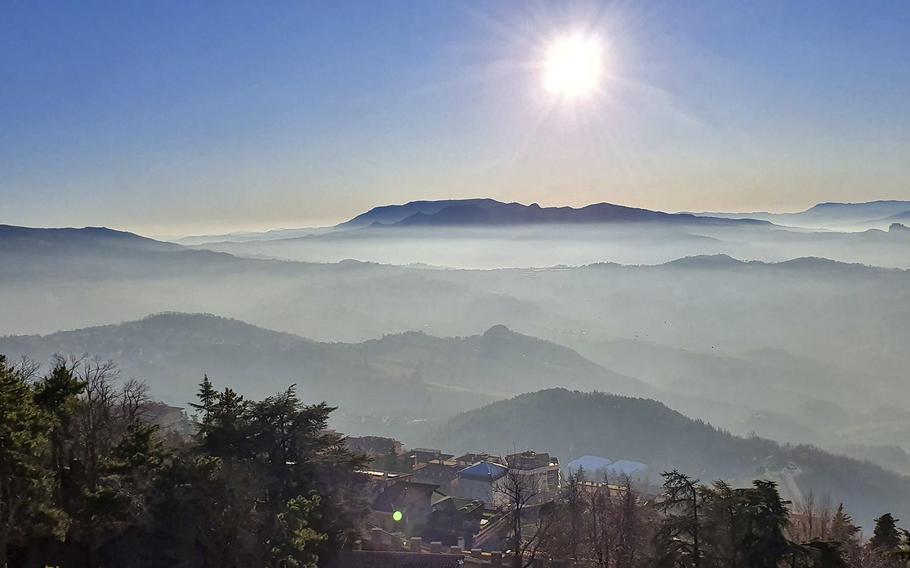 One of the views from the city of San Marino, which sits atop Mount Titano in the tiny country of San Marino. Founded more than 1,700 years ago, San Marino is completely surrounded by Italy.