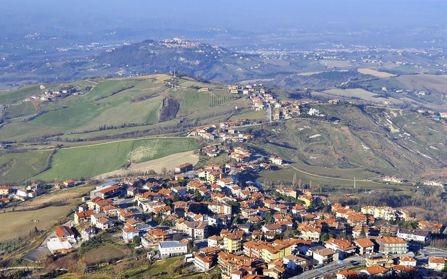 View of part of the country of San Marino, from San Marino City, which was built on Mount Titano, one of the peaks of the Apennine mountains.