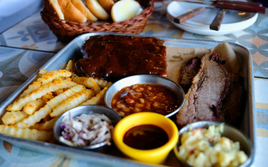 The ribs and brisket platter for two from La Mesa Flying Geckos in Pyeongtaek, South Korea, is a combo worth sharing with friends or family.