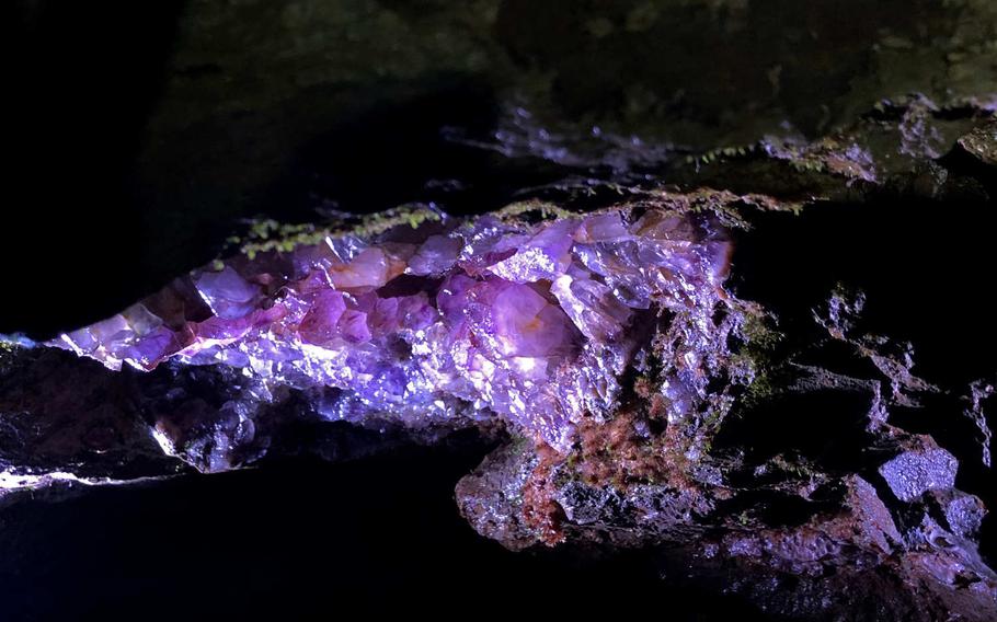 A large amethyst gem hangs from the ceiling in the Steinkaulenberg mine in Idar-Oberstein, Germany, the only gem mine in Europe that is open for tours.