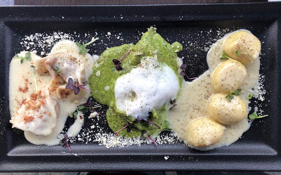 A pasta trio at La Cantinetta in Wiesbaden, Germany, included cappellacci filled with dry-aged beef and green asparagus, in parmesan sauce and roasted bacon; triangoli filled with asparagus and buttata, in a pistachio pesto with zucchini and roasted almonds; and gnocchi giante filled with truffles in truffle cream sauce.