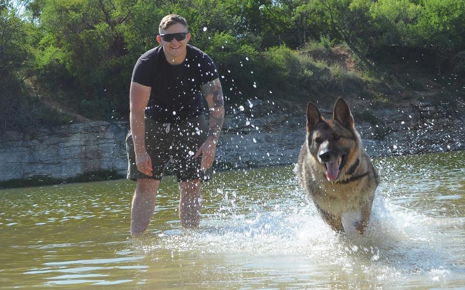 Army Sgt. Jake Ferkin adopted his former military working dog Iskra in May. The 10-year-old German shepherd is adapting to retirement in San Antonio, Texas and loves to play in the water.