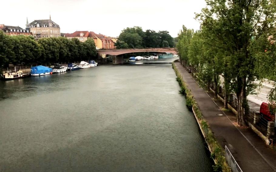 The French city of Sarreguemines seen from a bridge that crosses the Saar River on Wednesday, June 17, 2020. The city is accessible by bike from Germany via the 80-mile Glan-Blies bike path, which runs past Ramstein Air Base as it wends its way through Rheinland-Pfalz and Saarland to France.