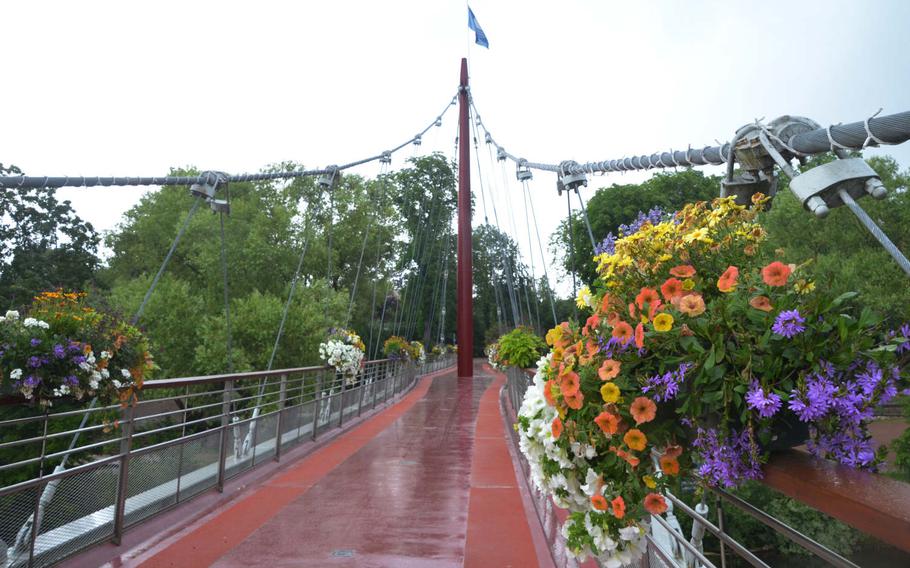 The pedestrian bridge across from the tourism office in Sarreguemines, France, on Wednesday, June 17, 2020. A bike path on one side of the bridge runs 80 miles through Saarland and Rheinland-Pfalz in Germany, passing near Ramstein Air Base.