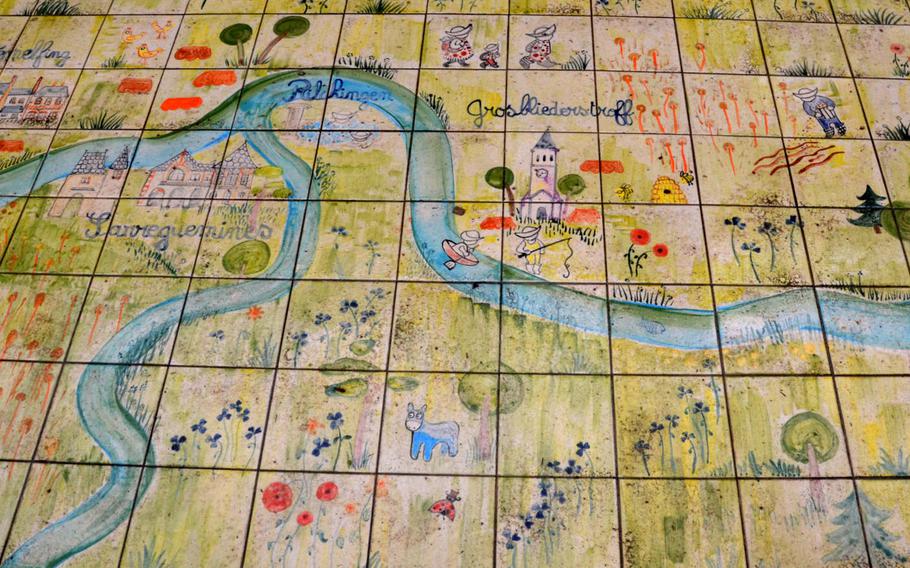 A map made of ceramic tiles that lies near the part of the Glan-Blies bike path that runs through Sarreguemines, France. Sarreguemines is known for ceramics.