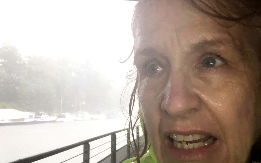 Sheltering under a bridge on the Glan-Blies bike path in Sarreguemines, France during a rainstorm on Wednesday, June 17, 2020. The bike path runs for 80 miles from Staudernheim, north of Kaiserlautern, Germany, to Sarreguemines.