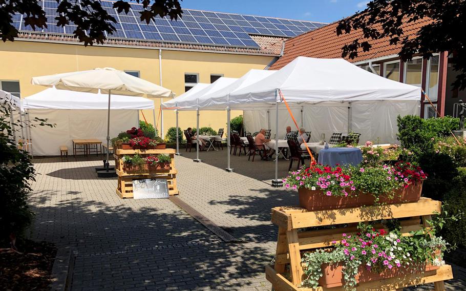 The outdoor beer garden and seating area at Klags restaurant in Rodenbach.