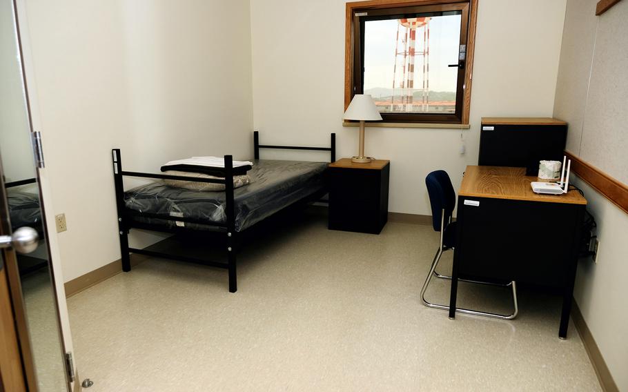 A room is furnished and ready for inbound service members inside the quarantine facility at Camp Humphreys, South Korea, May 7, 2020.