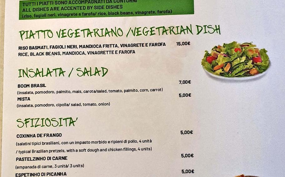 A menu page from Boom Brasil, a recently opened restaurant in Sacile, Italy. The restaurant serves traditional Brazilian cuisine as well as fantastic cocktails.