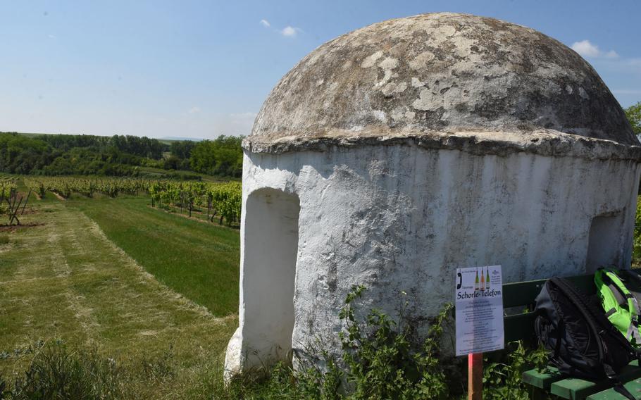 A hut along the Zellertalweg trail in the Zell valley advertises a local wine delivery service. Call the number and wine will be delivered in minutes.