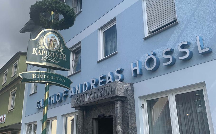 The Hotel-Gastof Andreas Hoessl and restaurant Zum Stich'n at Grafenwoehr, Germany on July 6, 2020. It's located in central Grafenwoehr, not far from the U.S. Army training base.