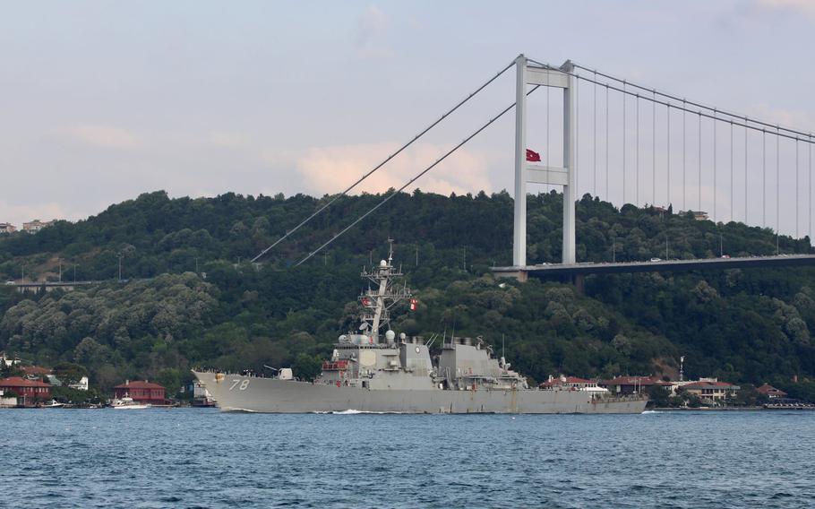 The destroyer USS Porter transits through the Bosporus in Turkey on July 19, 2020. The Porter is participating in Sea Breeze 20, an annual exercise in the Black Sea co-hosted by Ukraine and the United States.