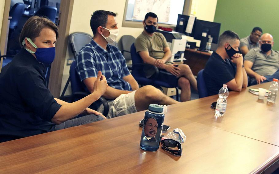 Airmen from the 31st Fighter Wing at Aviano Air Base, Italy, discuss racial inequities at an event organized by the wing's equal opportunity office on Friday, July 17, 2020. Around 3,000 airmen and civilian employees participated in the small-group discussions.