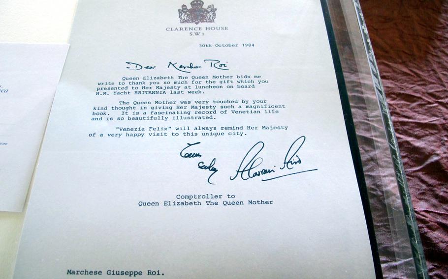 The Palazzo Chiericati in Vicenza on its top floor houses the donated books, engravings and sketches of Giuseppe Roy, a wealthy Vicenzan, art patron and international man about town whose friends included Princess Margaret of Britain. Included in the collection is this 1984 note from the Queen Mother Elizabeth, thanking Roi for a book he gave her about Venetian life.